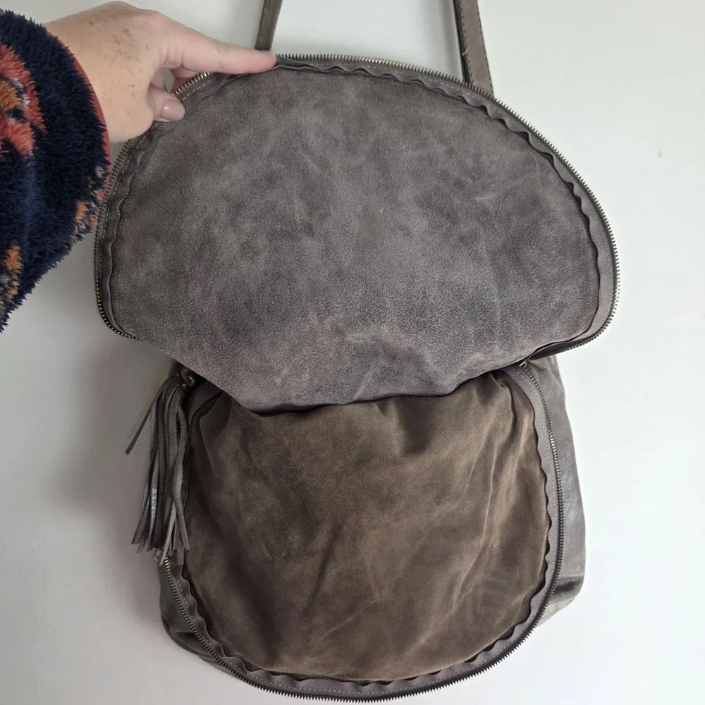 Italian Gray Genuine leather fold over boho shoulder crossbody bag Hippe Tassle